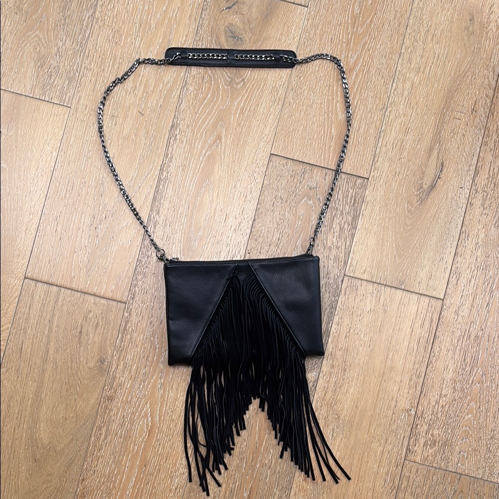 Black Leather Fringe Chain Shoulder Bag